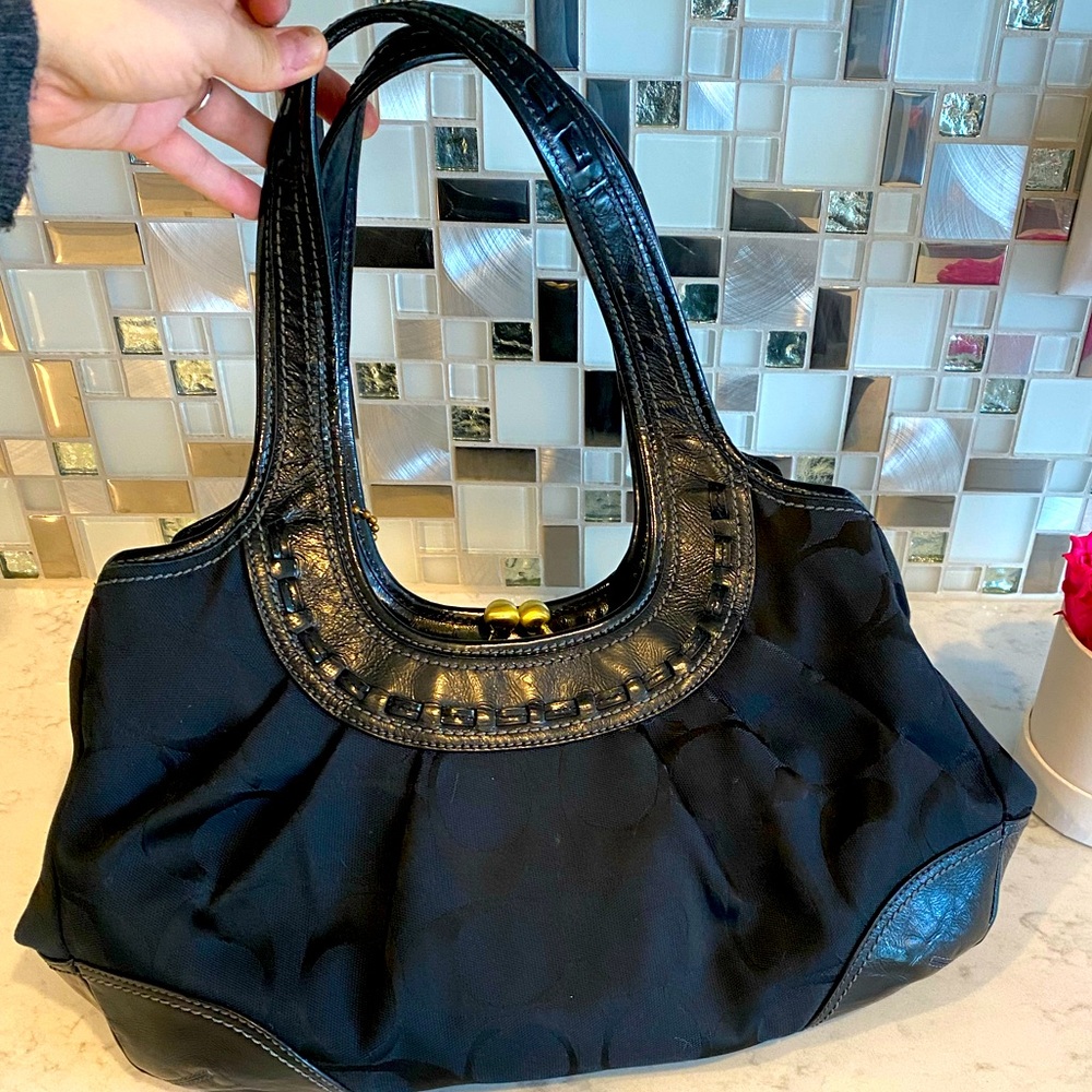 Coach purse with black monogram & leather accents